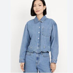 Old Navy Blue Jean Eyelet Jacket Denim Floral Eyelet Detail Size Small